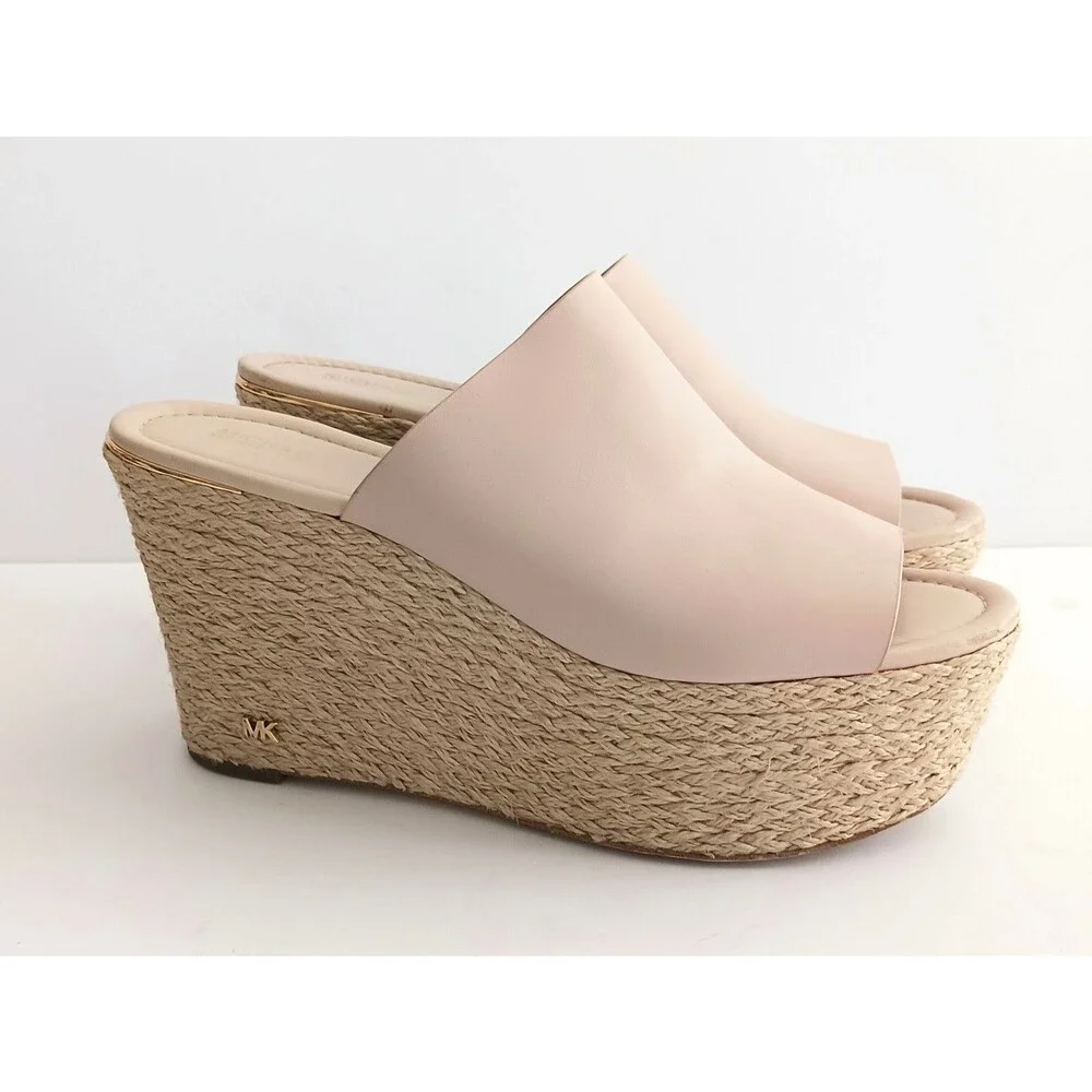 Michael Kors Cunningham Platform Wedge Lt Pink Leather Jute Logo Heel 9.5M